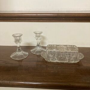 Vintage glass candlesticks and butter caddy